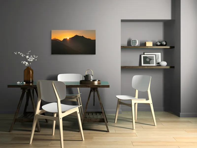 Tablou Canvas, "Răsărit peste munții întunecați", Apus, Munți, Siluete, Lumină, Cer, Portocaliu, Culori, Peisaj, Natură, Umbre, 90 x 50 cm – poza 3