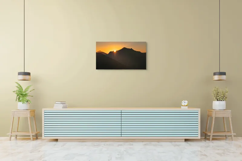 Tablou Canvas, "Răsărit peste munții întunecați", Apus, Munți, Siluete, Lumină, Cer, Portocaliu, Culori, Peisaj, Natură, Umbre, 90 x 50 cm – poza 5