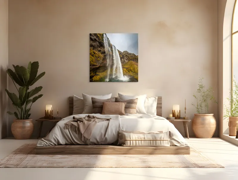 Tablou Canvas, "Cascada din inima naturii misterioase", Cascadă, Ploiestic, Piatre, Vegetație, Cer, Apă, Natură, Spectaculos, Verde, Noros, 100 x 100 cm – poza 4