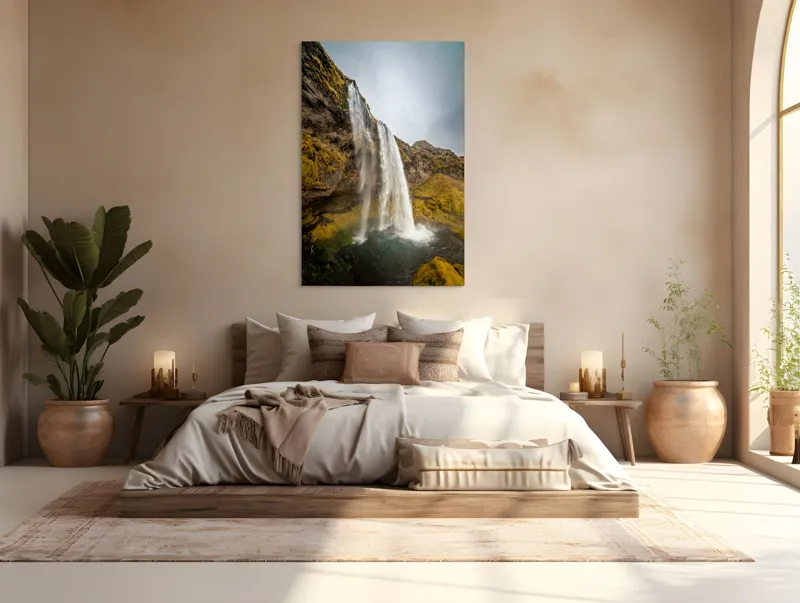 Tablou Canvas, "Cascada din inima naturii misterioase", Cascadă, Ploiestic, Piatre, Vegetație, Cer, Apă, Natură, Spectaculos, Verde, Noros, 100 x 150 cm – poza 3