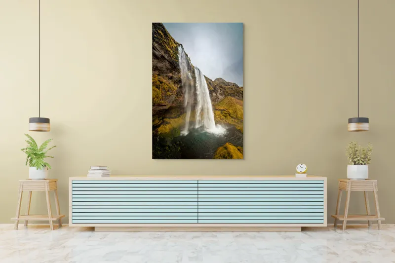 Tablou Canvas, "Cascada din inima naturii misterioase", Cascadă, Ploiestic, Piatre, Vegetație, Cer, Apă, Natură, Spectaculos, Verde, Noros, 100 x 150 cm – poza 4