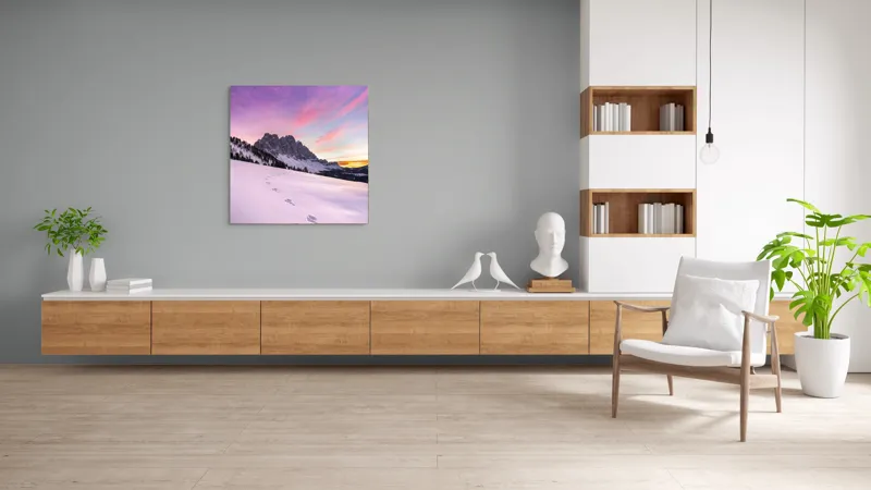 Tablou Canvas, "Urmele tăcute din zori montane", Apus, Munți, Zăpadă, Urme, Cer, Violet, Roz, Peisaj, Tranquil, Natură, 100 x 100 cm – poza 8