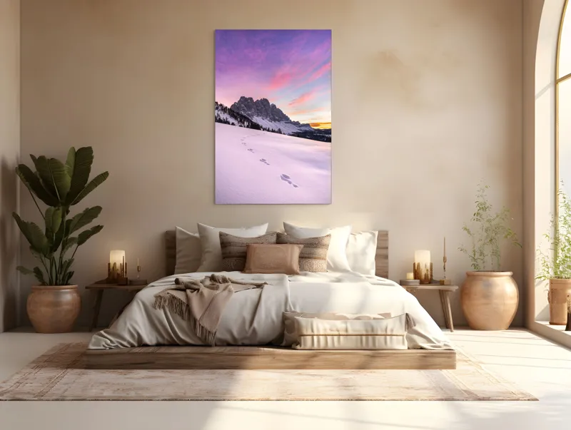 Tablou Canvas, "Urmele tăcute din zori montane", Apus, Munți, Zăpadă, Urme, Cer, Violet, Roz, Peisaj, Tranquil, Natură, 100 x 150 cm – poza 3