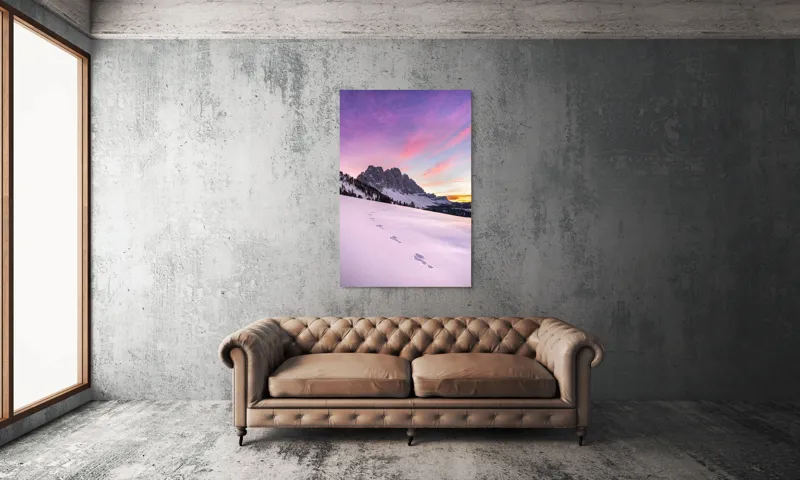 Tablou Canvas, "Urmele tăcute din zori montane", Apus, Munți, Zăpadă, Urme, Cer, Violet, Roz, Peisaj, Tranquil, Natură, 100 x 150 cm – poza 6