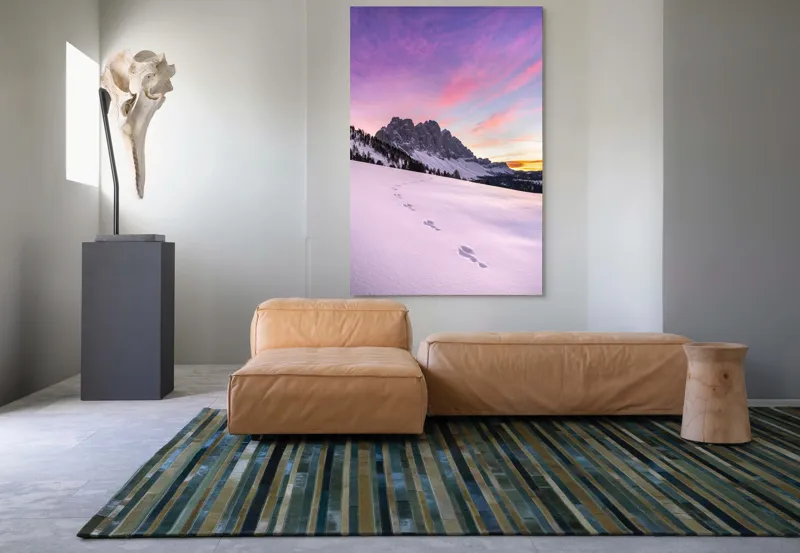 Tablou Canvas, "Urmele tăcute din zori montane", Apus, Munți, Zăpadă, Urme, Cer, Violet, Roz, Peisaj, Tranquil, Natură, 100 x 150 cm – poza 7