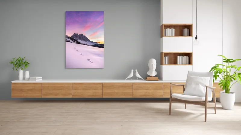 Tablou Canvas, "Urmele tăcute din zori montane", Apus, Munți, Zăpadă, Urme, Cer, Violet, Roz, Peisaj, Tranquil, Natură, 100 x 150 cm – poza 8