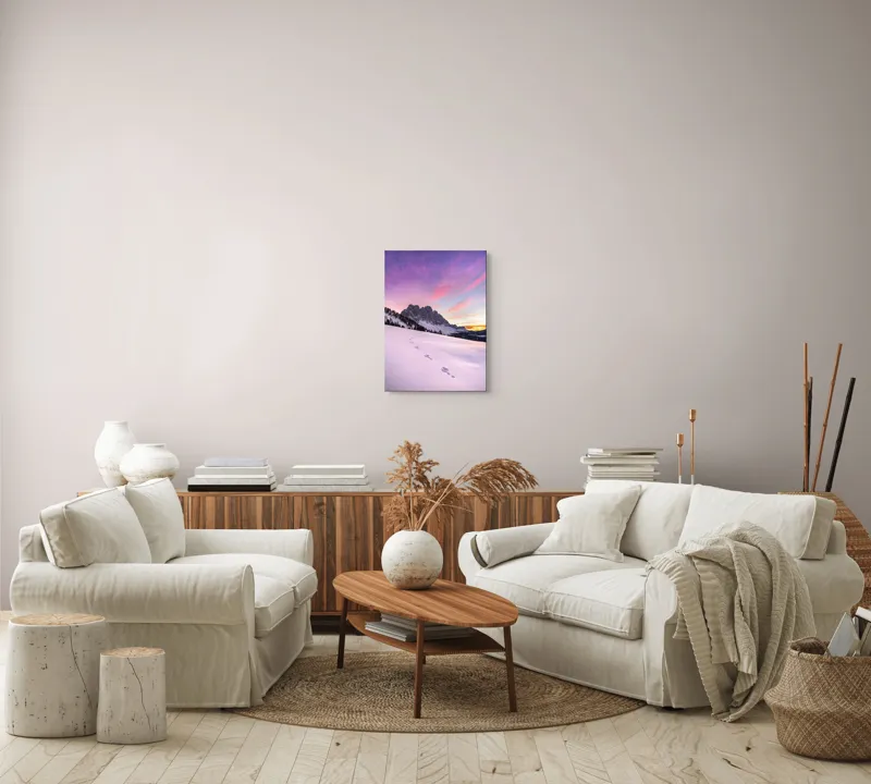 Tablou Canvas, "Urmele tăcute din zori montane", Apus, Munți, Zăpadă, Urme, Cer, Violet, Roz, Peisaj, Tranquil, Natură, 39 x 54 cm – poza 5