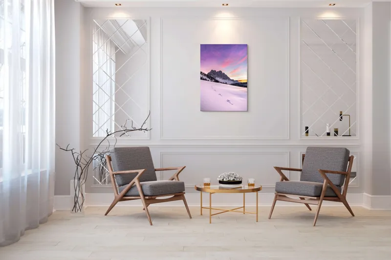 Tablou Canvas, "Urmele tăcute din zori montane", Apus, Munți, Zăpadă, Urme, Cer, Violet, Roz, Peisaj, Tranquil, Natură, 70 x 100 cm – poza 8