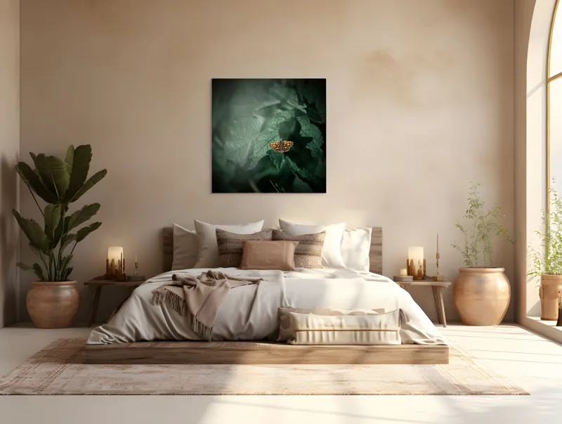 Tablou Canvas, "Fluturele auriu pe frunza verde", Fluture, Verdeață, Frunze, Delicat, Natură, Contrast, Fragil, Lumină, 100 x 100 cm – poza 4