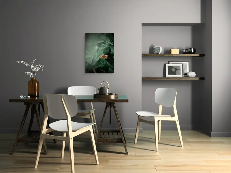 Tablou Canvas, "Fluturele auriu pe frunza verde", Fluture, Verdeață, Frunze, Delicat, Natură, Contrast, Fragil, Lumină, 50 x 70 cm – poza 5