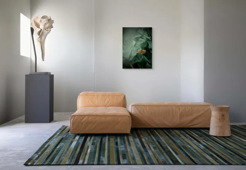 Tablou Canvas, "Fluturele auriu pe frunza verde", Fluture, Verdeață, Frunze, Delicat, Natură, Contrast, Fragil, Lumină, 50 x 70 cm – poza 7