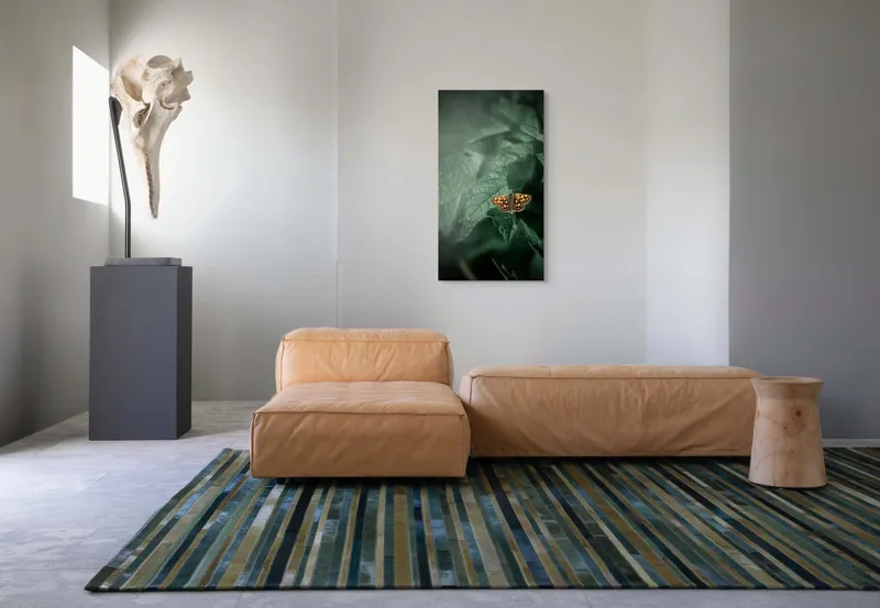 Tablou Canvas, "Fluturele auriu pe frunza verde", Fluture, Verdeață, Frunze, Delicat, Natură, Contrast, Fragil, Lumină, 50 x 90 cm – poza 5