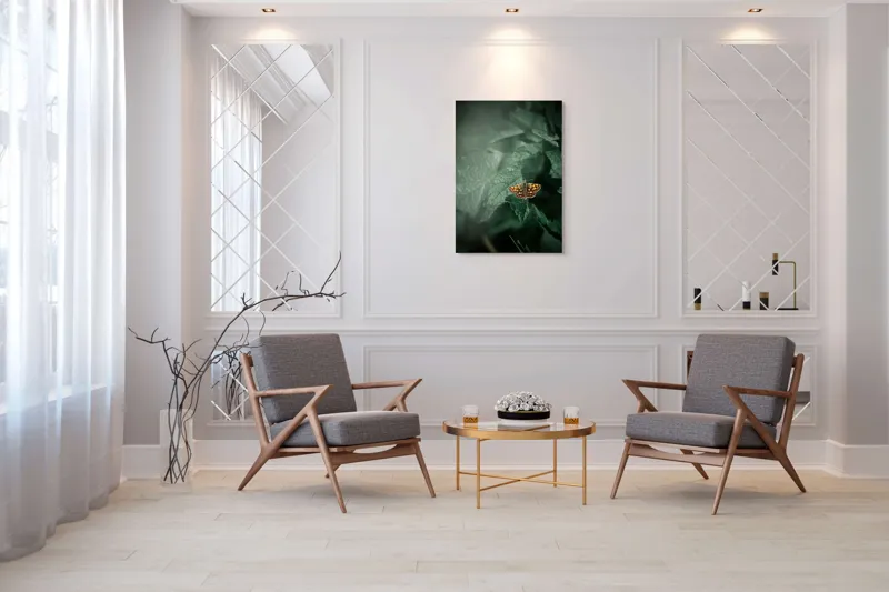 Tablou Canvas, "Fluturele auriu pe frunza verde", Fluture, Verdeață, Frunze, Delicat, Natură, Contrast, Fragil, Lumină, 70 x 100 cm – poza 8