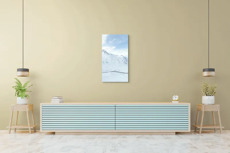 Tablou Canvas, "Drum serpuind printre munți înzăpeziți", Alb, Montan, Iarnă, Serpentină, Cer, Nori, Peisaj, Vârfuri, Zăpadă, Liniște, 50 x 90 cm – poza 6