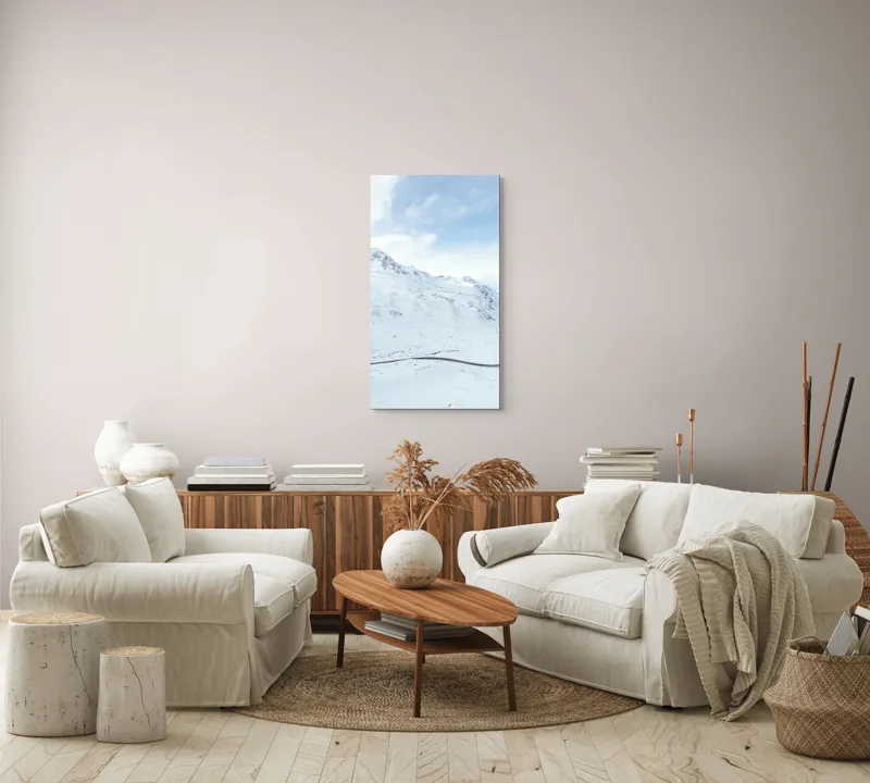 Tablou Canvas, "Drum serpuind printre munți înzăpeziți", Alb, Montan, Iarnă, Serpentină, Cer, Nori, Peisaj, Vârfuri, Zăpadă, Liniște, 50 x 90 cm – poza 7