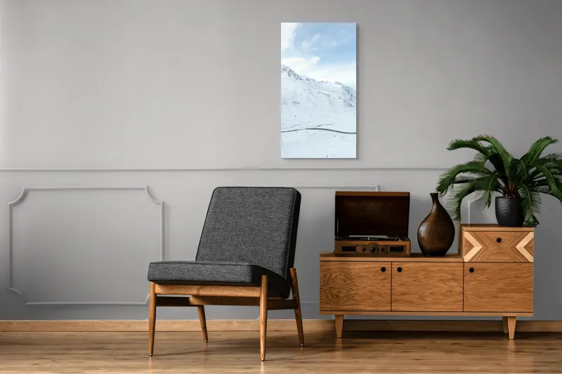 Tablou Canvas, "Drum serpuind printre munți înzăpeziți", Alb, Montan, Iarnă, Serpentină, Cer, Nori, Peisaj, Vârfuri, Zăpadă, Liniște, 50 x 90 cm – poza 8