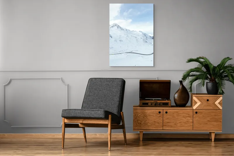 Tablou Canvas, "Drum serpuind printre munți înzăpeziți", Alb, Montan, Iarnă, Serpentină, Cer, Nori, Peisaj, Vârfuri, Zăpadă, Liniște, 70 x 100 cm – poza 6
