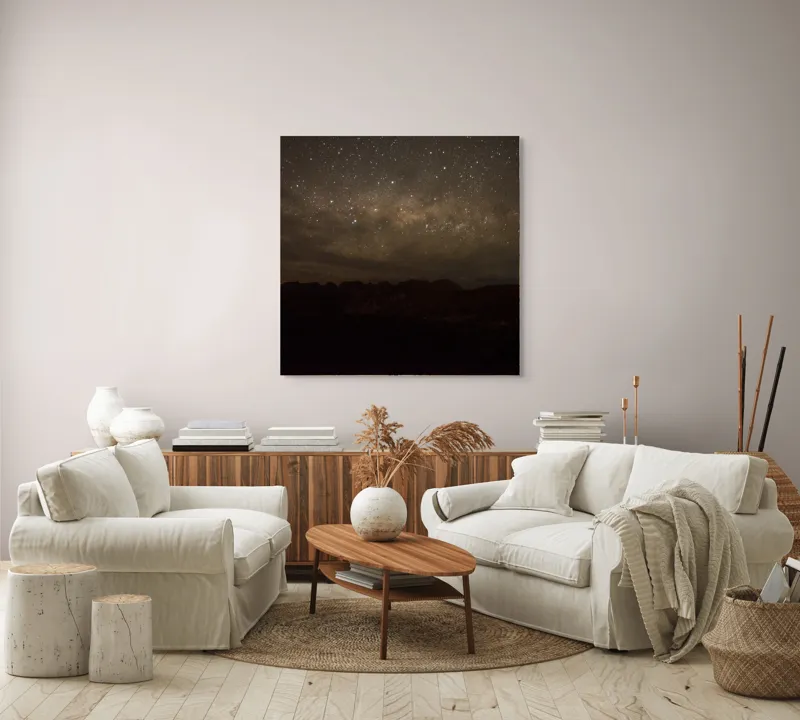 Tablou Canvas, "Cer înstelat peste munții adormiți", Stele, Cer, Noapte, Silueta, Orizont, Mister, Frumusețe, Liniște, 100 x 100 cm – poza 3