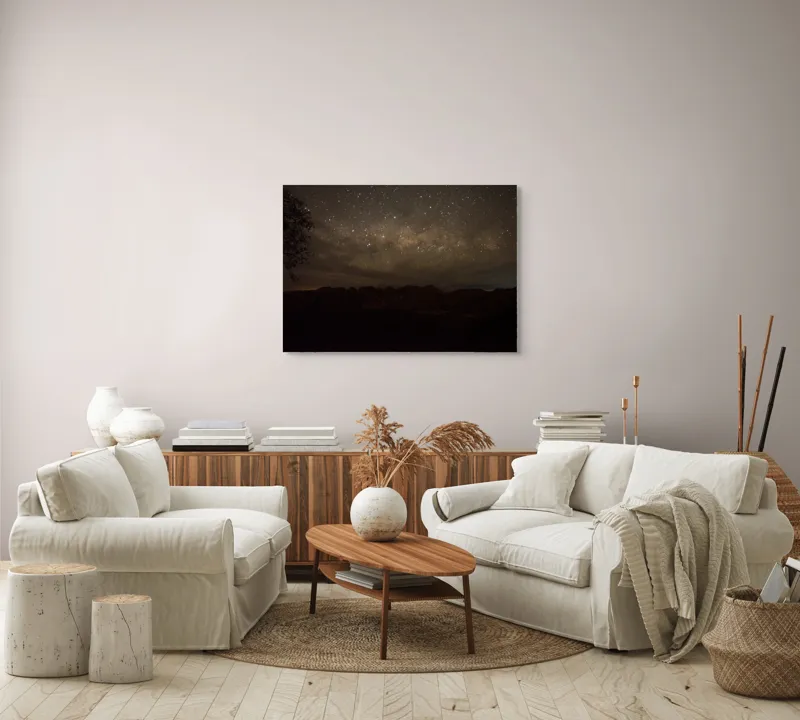 Tablou Canvas, "Cer înstelat peste munții adormiți", Stele, Cer, Noapte, Silueta, Orizont, Mister, Frumusețe, Liniște, 100 x 70 cm – poza 3