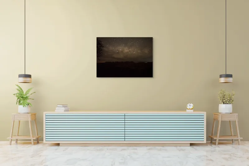 Tablou Canvas, "Cer înstelat peste munții adormiți", Stele, Cer, Noapte, Silueta, Orizont, Mister, Frumusețe, Liniște, 100 x 70 cm – poza 4