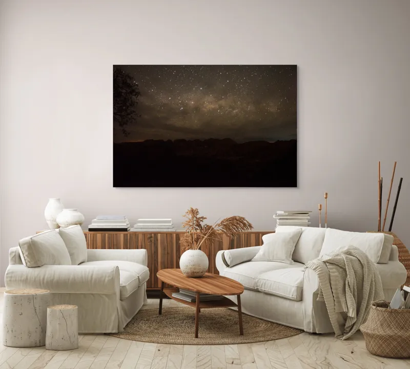 Tablou Canvas, "Cer înstelat peste munții adormiți", Stele, Cer, Noapte, Silueta, Orizont, Mister, Frumusețe, Liniște, 150 x 100 cm – poza 3