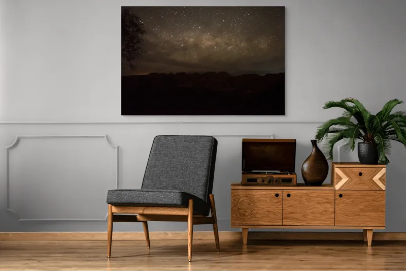 Tablou Canvas, "Cer înstelat peste munții adormiți", Stele, Cer, Noapte, Silueta, Orizont, Mister, Frumusețe, Liniște, 150 x 100 cm – poza 8