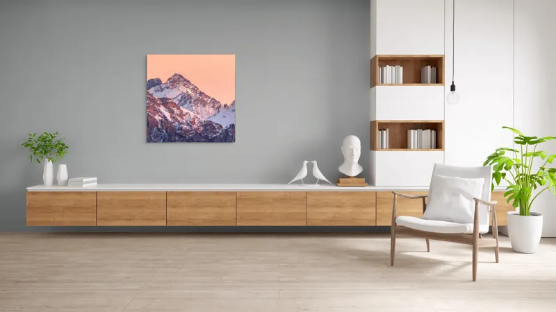 Tablou Canvas, "Răsărit peste culmile înzăpezite ale munților", Măreție, Serenitate, Alpenglow, Vârfuri, Zăpadă, Răsărit, Tăcere, Natură, 100 x 100 cm – poza 8