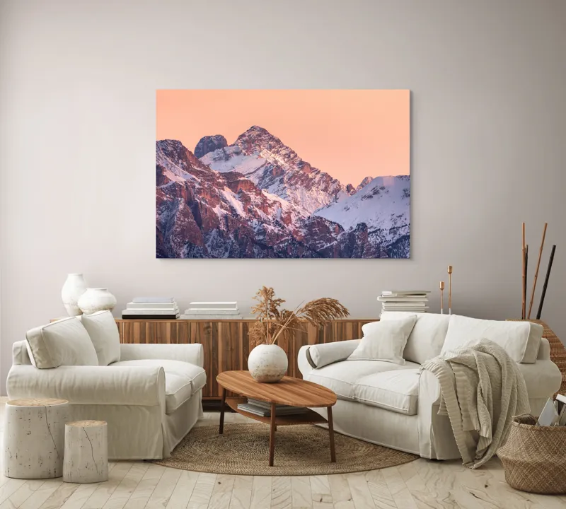 Tablou Canvas, "Răsărit peste culmile înzăpezite ale munților", Măreție, Serenitate, Alpenglow, Vârfuri, Zăpadă, Răsărit, Tăcere, Natură, 150 x 100 cm – poza 3