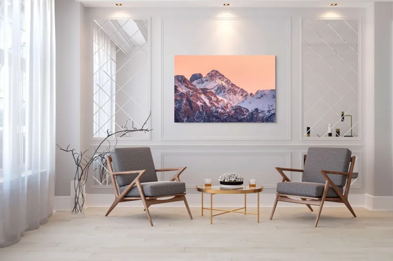 Tablou Canvas, "Răsărit peste culmile înzăpezite ale munților", Măreție, Serenitate, Alpenglow, Vârfuri, Zăpadă, Răsărit, Tăcere, Natură, 150 x 100 cm – poza 7