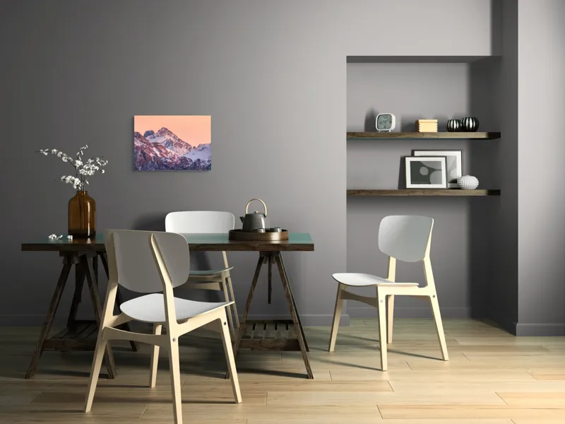 Tablou Canvas, "Răsărit peste culmile înzăpezite ale munților", Măreție, Serenitate, Alpenglow, Vârfuri, Zăpadă, Răsărit, Tăcere, Natură, 54 x 39 cm – poza 6