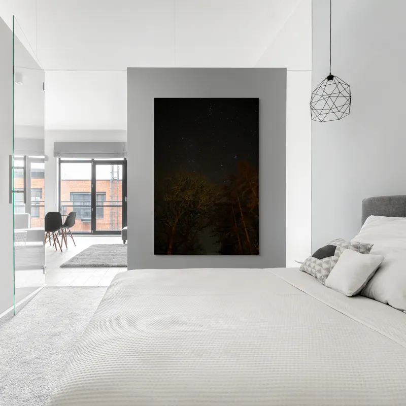 Tablou Canvas, "Stelele strălucesc peste pădurea întunecată", Stele, Cer, Noapte, Copaci, Natură, Lumină, Galaxie, Linie, Întuneric, Taină., 100 x 150 cm – poza 5