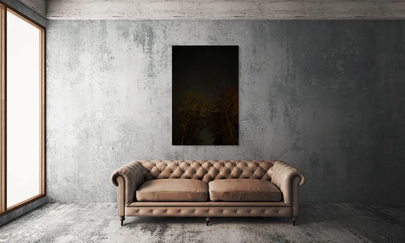 Tablou Canvas, "Stelele strălucesc peste pădurea întunecată", Stele, Cer, Noapte, Copaci, Natură, Lumină, Galaxie, Linie, Întuneric, Taină., 100 x 150 cm – poza 6