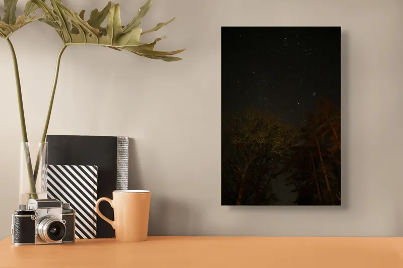 Tablou Canvas, "Stelele strălucesc peste pădurea întunecată", Stele, Cer, Noapte, Copaci, Natură, Lumină, Galaxie, Linie, Întuneric, Taină., 26 x 39 cm – poza 3
