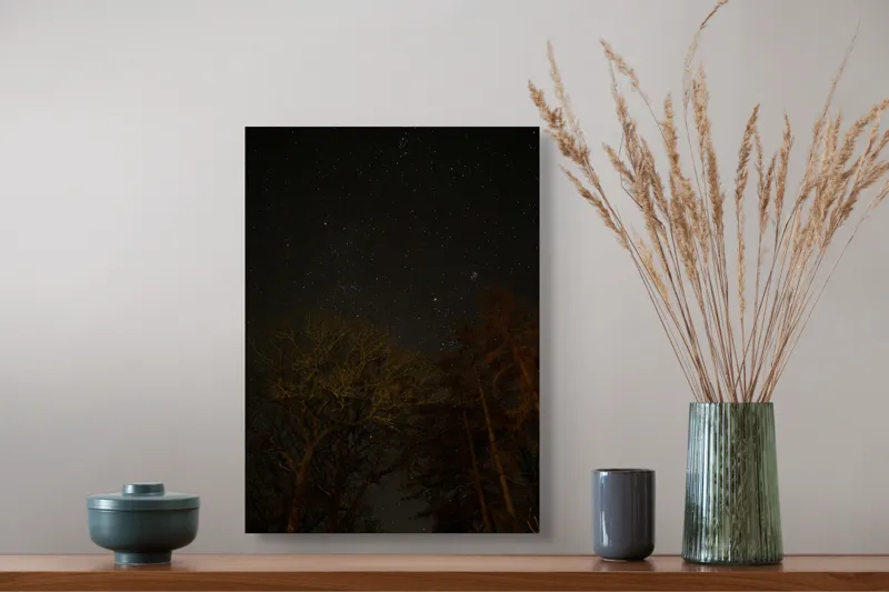 Tablou Canvas, "Stelele strălucesc peste pădurea întunecată", Stele, Cer, Noapte, Copaci, Natură, Lumină, Galaxie, Linie, Întuneric, Taină., 39 x 54 cm – poza 3