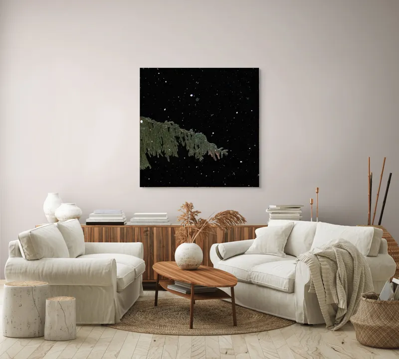 Tablou Canvas, "Zăpezi de iarnă sub stele", Brad, Noapte, Fulgi, Cer, Iarnă., 100 x 100 cm – poza 3