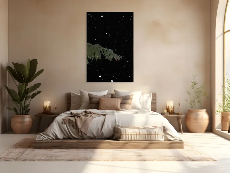 Tablou Canvas, "Zăpezi de iarnă sub stele", Brad, Noapte, Fulgi, Cer, Iarnă., 100 x 150 cm – poza 3