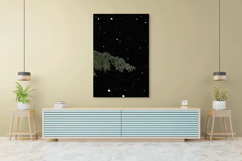 Tablou Canvas, "Zăpezi de iarnă sub stele", Brad, Noapte, Fulgi, Cer, Iarnă., 100 x 150 cm – poza 4