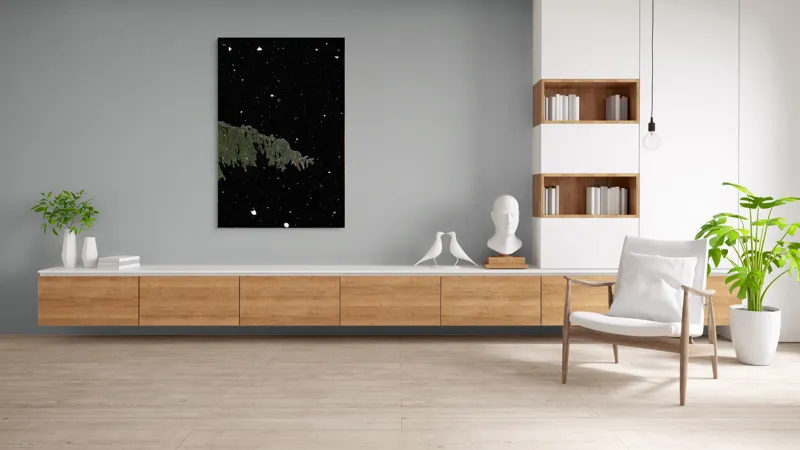 Tablou Canvas, "Zăpezi de iarnă sub stele", Brad, Noapte, Fulgi, Cer, Iarnă., 100 x 150 cm – poza 8