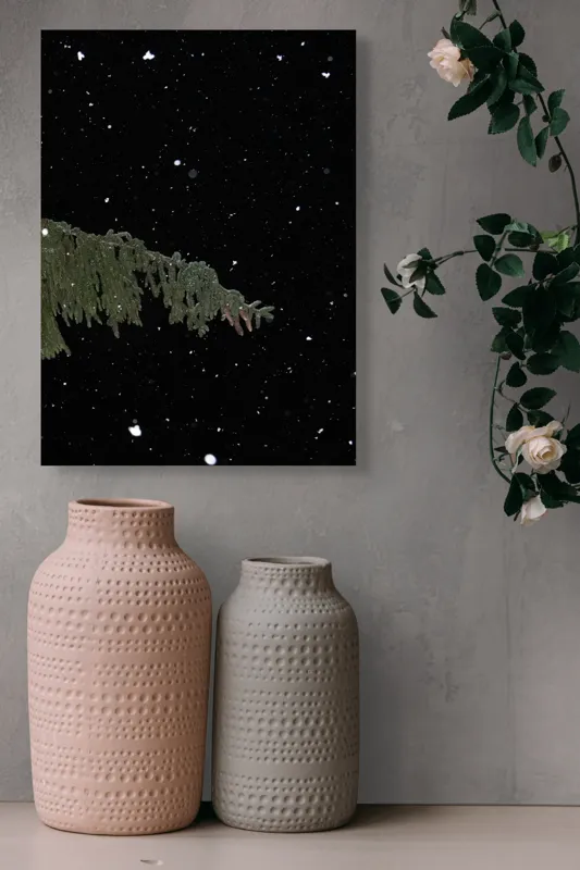 Tablou Canvas, "Zăpezi de iarnă sub stele", Brad, Noapte, Fulgi, Cer, Iarnă., 39 x 54 cm – poza 6