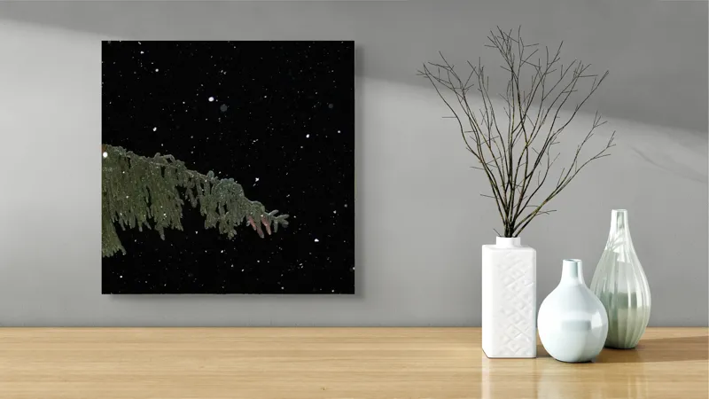 Tablou Canvas, "Zăpezi de iarnă sub stele", Brad, Noapte, Fulgi, Cer, Iarnă., 50 x 50 cm – poza 3