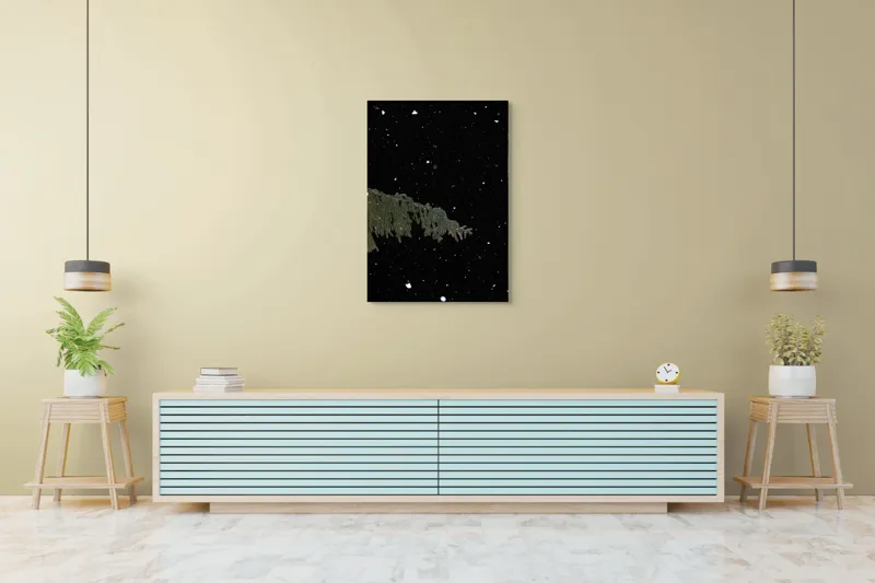 Tablou Canvas, "Zăpezi de iarnă sub stele", Brad, Noapte, Fulgi, Cer, Iarnă., 70 x 100 cm – poza 5