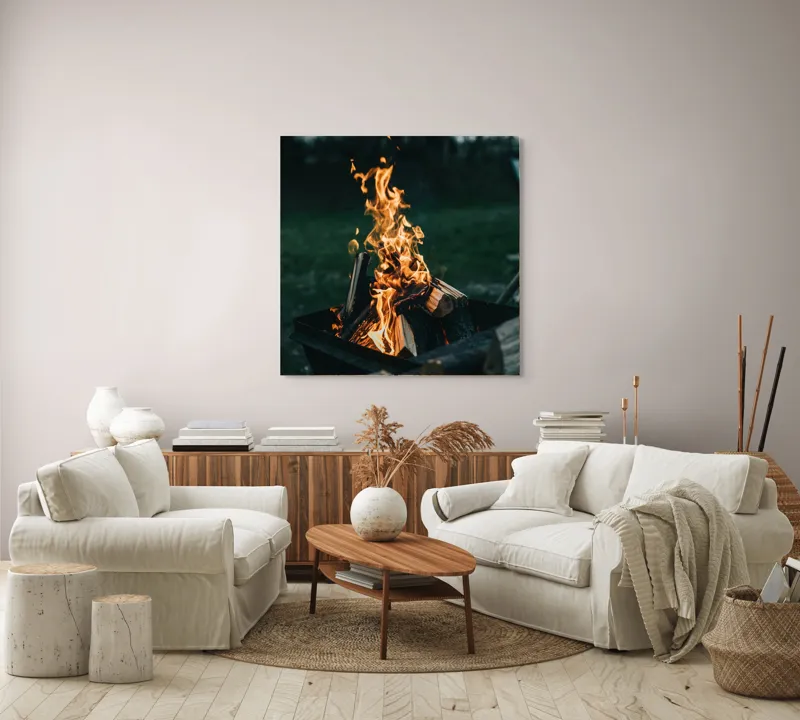 Tablou Canvas, "Focul serii în amurg liniștit", Foc, Lemne, Flăcări, Căldură, Noapte, Natură, Energie, Lumină, 100 x 100 cm – poza 3