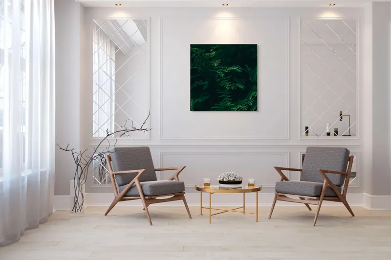 Tablou Canvas, "Pădurea adâncă în lumină verde", Frunze, Verde, Textură, Natură, Vitalitate, Prospețime, Vegetație, 100 x 100 cm – poza 7