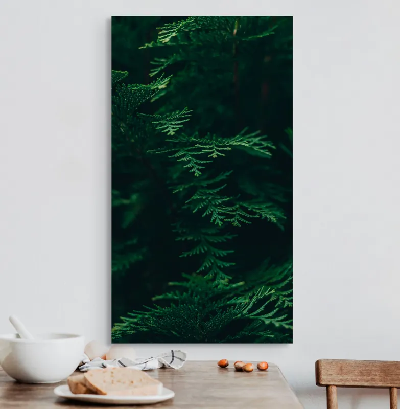 Tablou Canvas, "Pădurea adâncă în lumină verde", Frunze, Verde, Textură, Natură, Vitalitate, Prospețime, Vegetație, 50 x 90 cm – poza 3