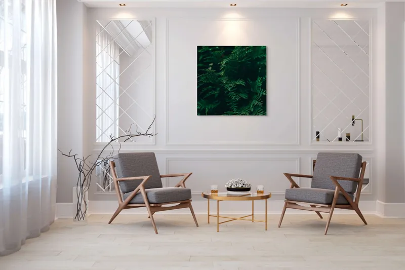 Tablou Canvas, "Verde viu în umbra dimineții", Verde, Frunziș, Natural, Textură, Abundență, Întunecat, Organic, Viu, 100 x 100 cm – poza 7