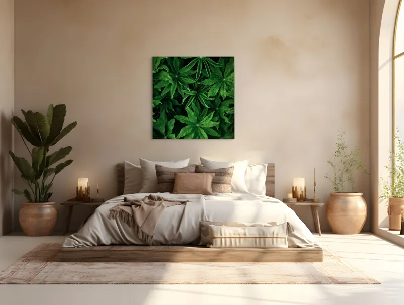 Tablou Canvas, "Freamătul frunzelor în adâncul pădurii", Frunze, Verde, Lucioase, Texturate, Naturale, Exuberante, Lungi, Frăgezime, Intense, Proaspete, 100 x 100 cm – poza 4