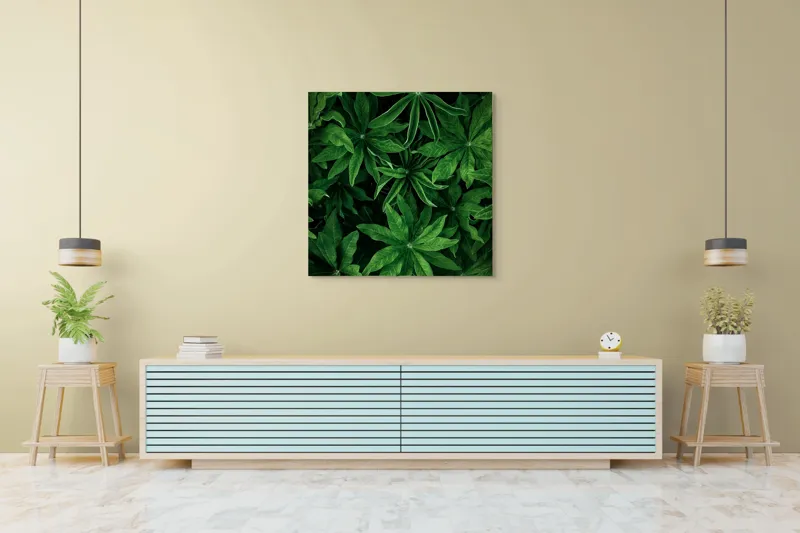 Tablou Canvas, "Freamătul frunzelor în adâncul pădurii", Frunze, Verde, Lucioase, Texturate, Naturale, Exuberante, Lungi, Frăgezime, Intense, Proaspete, 100 x 100 cm – poza 5