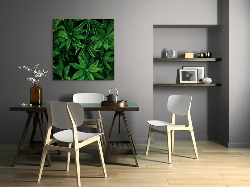 Tablou Canvas, "Freamătul frunzelor în adâncul pădurii", Frunze, Verde, Lucioase, Texturate, Naturale, Exuberante, Lungi, Frăgezime, Intense, Proaspete, 100 x 100 cm – poza 6