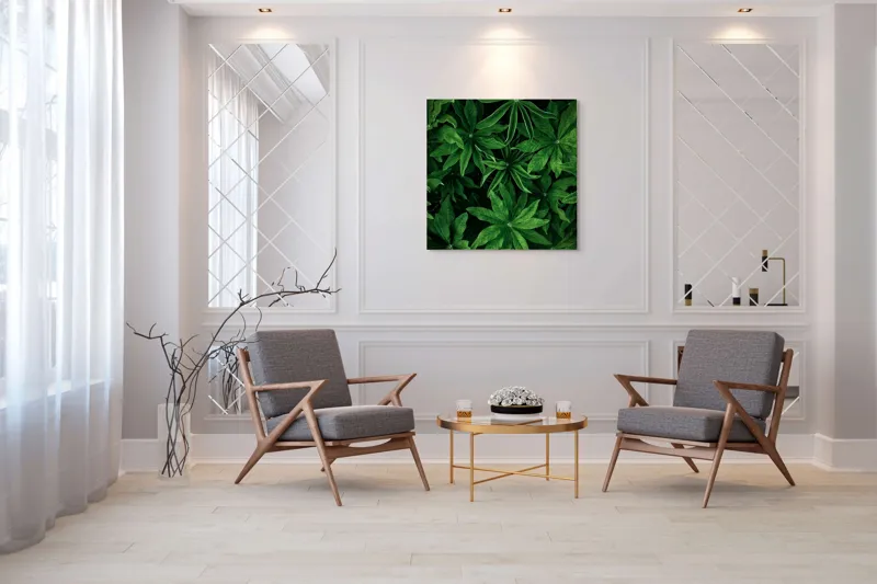 Tablou Canvas, "Freamătul frunzelor în adâncul pădurii", Frunze, Verde, Lucioase, Texturate, Naturale, Exuberante, Lungi, Frăgezime, Intense, Proaspete, 100 x 100 cm – poza 7