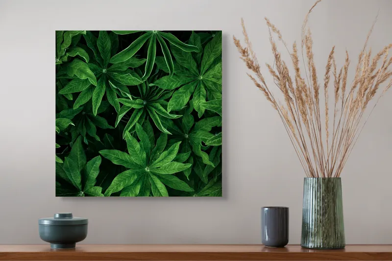 Tablou Canvas, "Freamătul frunzelor în adâncul pădurii", Frunze, Verde, Lucioase, Texturate, Naturale, Exuberante, Lungi, Frăgezime, Intense, Proaspete, 50 x 50 cm – poza 4